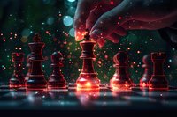 Glowing chess pieces on dark background with magical red and green light effects, hand moving figure on reflective surface with sparkling particles.