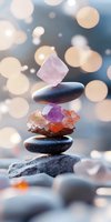 Balanced stones and healing crystals with rose quartz, amethyst and citrine on bokeh background. Zen meditation and spiritual wellness concept for spa decor.