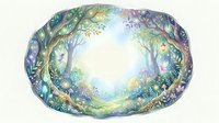 Watercolor enchanted forest frame with glowing lanterns, fairies, mushrooms, and lush foliage forming a magical circular border on white background.