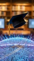 Graduation cap floating above glowing digital network sphere with fiber optic connections in modern library setting representing online education technology.