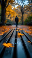 Wet wooden bench with fallen maple leaves in autumn park, silhouette of man walking away on rainy day. Moody atmospheric composition with golden foliage.