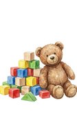 Brown teddy bear sitting beside colorful wooden building blocks and geometric shapes in red, blue, yellow, and green for children's education and playroom decor.