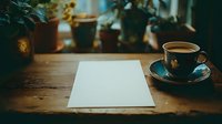 Coffee cup with blank white paper on rustic wooden table near window with potted plants, moody atmospheric lighting creates cozy home workspace setting.