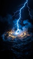Dramatic lightning bolt striking glowing circular energy portal with golden sparks and blue electrical effects against dark stormy sky for fantasy, sci-fi, and gaming projects.
