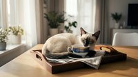 Siamese cat resting on newspaper and wooden tray near window with natural light, suitable for pet care, home decor, and lifestyle content.