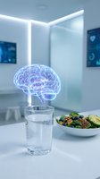 Holographic brain floating above water glass with healthy salad bowl in modern kitchen representing nutrition cognitive health and mental wellness concepts.
