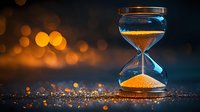 Hourglass with flowing golden sand against dark background with glowing bokeh lights creating magical atmosphere. Time concept for business deadlines.