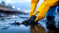 Hands in yellow rubber gloves splashing in dark water with bokeh lights in background, creating dramatic water drops and ripples. Environmental cleanup concept.