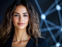Young Hispanic woman with wavy brown hair and natural makeup smiling confidently against modern geometric blue background with glowing connection points.