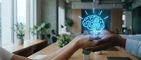 Business professional holding glowing brain hologram in modern office workspace representing artificial intelligence and innovation technology solutions.