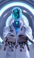 Futuristic robotic medical assistant with glowing cyan head display wearing white coat extends mechanical hands, representing AI in healthcare advancement.