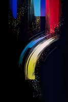 Abstract colorful brush strokes with glowing sparkles and light trails against dark background create dynamic movement and energy in modern artistic composition.