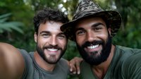 Two bearded young men taking selfie outdoors, wearing casual attire and hat. Natural lighting highlights genuine smiles and friendship in outdoor setting.