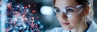 Young female scientist in protective eyewear examining molecular DNA structure with glowing particles in modern research laboratory. Scientific discovery concept.