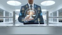 Professional businessman touching digital justice scale interface with legal icons in modern office environment for law technology concepts.