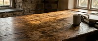 Rustic wooden table with aged patina and weathered surface, featuring a ceramic mug and eyeglasses, bathed in warm natural light from windows.