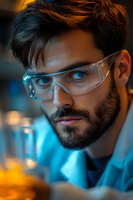 Young male scientist with safety goggles conducting laboratory research experiment with glassware in modern lab facility for scientific discovery and analysis.