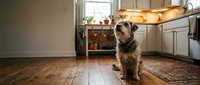 Terrier mix dog sitting on hardwood floor in modern kitchen with white cabinets, looking up at owner. Suitable for pet care, home design, and lifestyle content.