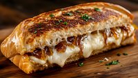 Grilled croissant sandwich with melted mozzarella cheese and caramelized onions garnished with fresh herbs on wooden cutting board, close up view.