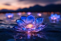 Glowing blue crystal lotus flower on dark water surface with bokeh lights and sunset sky reflections creating magical atmosphere and spiritual ambiance.