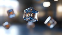 Floating transparent glass cubes with blue reflections on blurred background, macro photography with shallow depth of field creating artistic abstract composition.