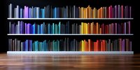 Colorful books arranged by spectrum colors on modern white shelves against black wall, creating rainbow gradient effect on wooden floor. For library or bookstore design.