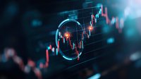 Futuristic financial chart with glowing candlesticks and circular HUD elements on dark background. Trading analysis visualization with blue tech elements.