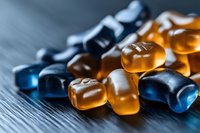 Colorful gummy candies in blue and orange on dark wooden background, macro shot with selective focus showing sweet treats texture and translucency.
