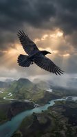 Majestic black raven soaring over dramatic mountain landscape with stormy clouds and golden sunlight breaking through sky creating powerful nature scene.