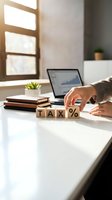 Accountant arranging wooden blocks spelling tax percentage at desk with laptop, notebooks, and succulent plant in modern office with natural light from window.