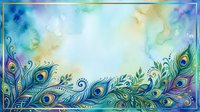 Watercolor peacock feathers frame with teal, blue, and gold tones on a soft textured background, copy space for text or design.