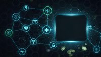 Digital healthcare network with laptop computer displaying medical icons and connectivity lines for telemedicine and health technology applications.