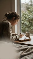 Young woman in cozy knit sweater writing in journal by rainy window with coffee cup, peaceful morning routine and self-reflection at home.