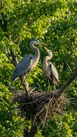 Two great blue herons standing together on their nest among green tree branches during breeding season in natural wetland habitat.
