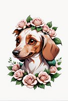 Artistic portrait of a dachshund dog surrounded by delicate pink roses and green leaves, perfect for pet-themed merchandise, greeting cards, and decorative prints on white background.