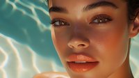 Young mixed race woman with glowing bronzed makeup, coral lipstick and luminous skin against turquoise water background with light reflections. Beauty and cosmetics concept.