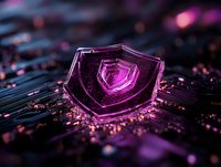 Glowing pink geometric crystal shape on dark circuit board background with bokeh lights and reflective surface creates futuristic cybersecurity concept.