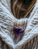 Heart-shaped amethyst crystal pendant on gold chain against soft white knitted fabric background, creating romantic jewelry composition for fashion and lifestyle designs.
