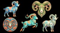 Ornate Aries ram clipart set with mandala and zodiac designs, isolated on transparent background. Great for stickers, T-shirts, print on demand, and sublimation.