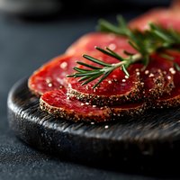 Raw beef steak slices with rosemary and spices on dark slate board, gourmet meat preparation for cooking and culinary presentations.