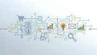 Business technology network with interconnected icons showing finance, analytics, communication and innovation concepts for digital transformation.
