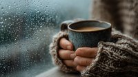 Cozy rainy day moment with hands in knitted sweater holding warm coffee mug by wet window. Comfort, hygge lifestyle and autumn winter relaxation concept.