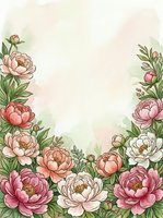 Watercolor peony floral frame border with pink white flowers and green leaves on soft textured background for wedding invitations and greeting cards.