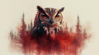 Dramatic owl portrait merged with misty red forest landscape, double exposure effect showing fierce predator eyes and wilderness pine trees in sunset atmosphere.