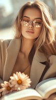 Young Caucasian woman in beige coat and sunglasses with reflection, natural makeup and blonde hair, reading book outdoors in warm sunlight with daisy flowers.