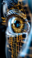 Macro view of human eye with digital circuit overlay in gold and blue colors, representing artificial intelligence and biometric scanning technology.