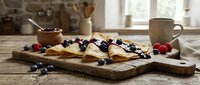 Rustic wooden board with fresh berries, nuts and honey in cozy kitchen setting. Morning breakfast spread with natural ingredients for healthy eating lifestyle.