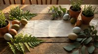 Rustic wooden table with blank paper surrounded by potted plants, eggs and eucalyptus leaves creating natural spring composition for organic branding mockup.