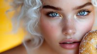 Close up portrait of young woman with platinum blonde curly hair, bright blue eyes, natural freckles and glowing skin against vibrant yellow background.