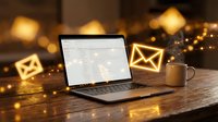 Modern laptop displaying email interface on wooden desk with glowing mail icons and warm bokeh lights creating cozy workspace atmosphere for digital communication.